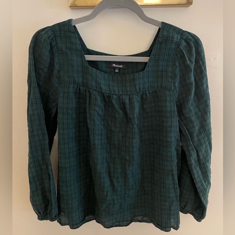 MADEWELL HUNTER GREEN PLAID SQUARE NECK LONG SLEEVE TOP